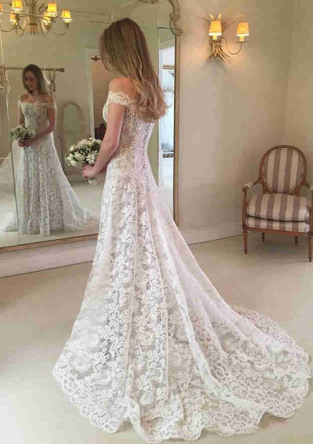 Graceful Lace Wedding Dress: A-Line/Princess Off-the-Shoulder Sleeveless Court Train with Applique Details BM bride