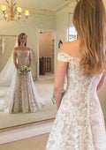 Graceful Lace Wedding Dress: A-Line/Princess Off-the-Shoulder Sleeveless Court Train with Applique Details BM bride