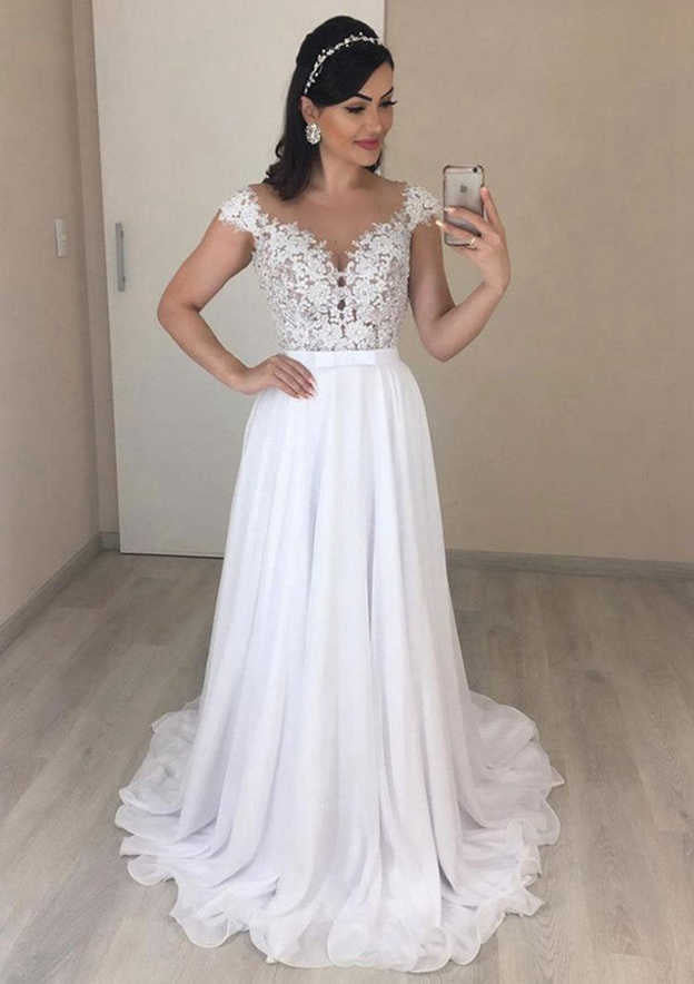 Chic Sleeveless Sweep Train Chiffon Wedding Dress with Appliqued Lace in A-Line/Princess Fit BM bride