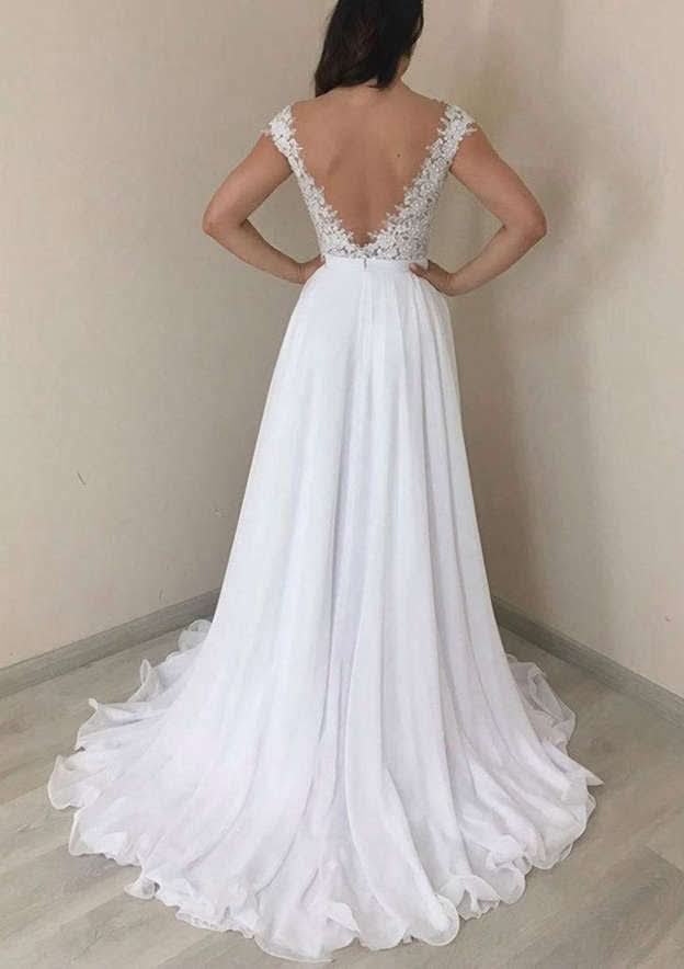 Chic Sleeveless Sweep Train Chiffon Wedding Dress with Appliqued Lace in A-Line/Princess Fit BM bride