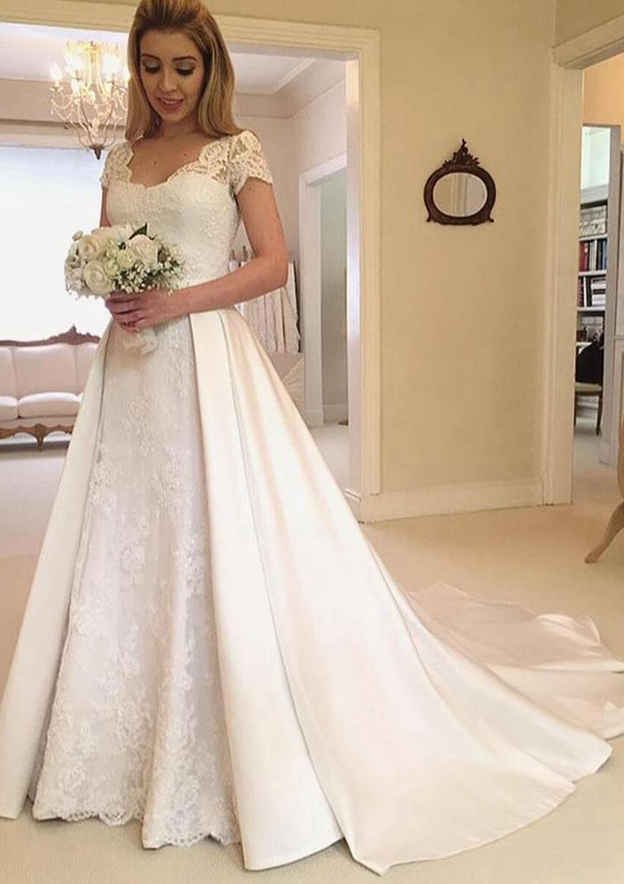 Beautiful Lace and Satin A-Line Wedding Dress: V-Neck Short Sleeve with Detachable Bowknot BM bride