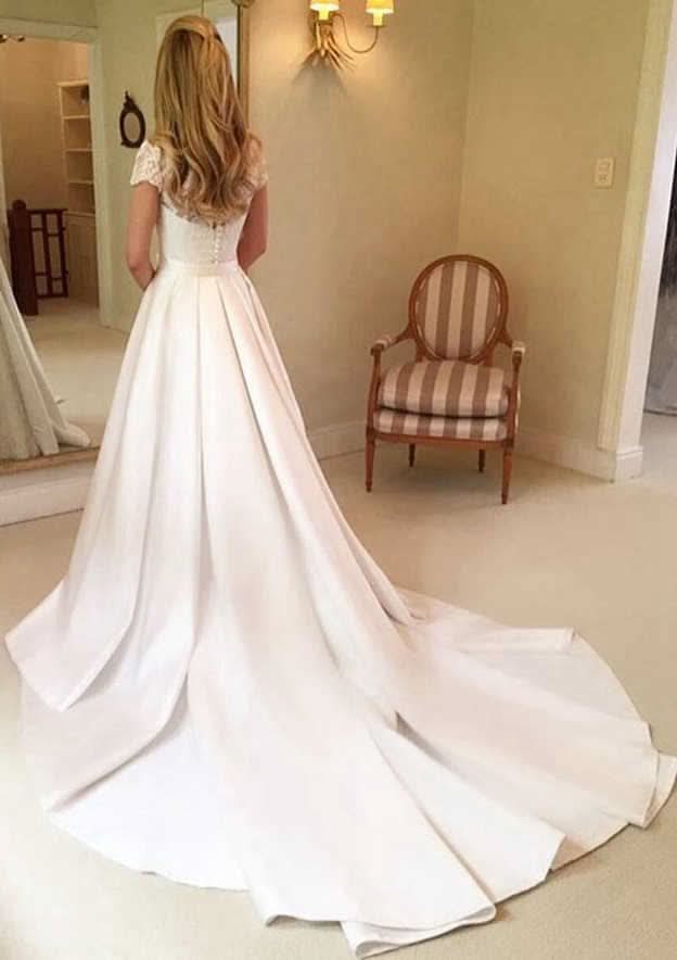Beautiful Lace and Satin A-Line Wedding Dress: V-Neck Short Sleeve with Detachable Bowknot BM bride