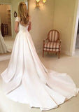 Beautiful Lace and Satin A-Line Wedding Dress: V-Neck Short Sleeve with Detachable Bowknot BM bride