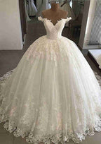 Charming Lace Ball Gown Wedding Dress with Off-the-Shoulder Sleeveless Design and Court Train with Applique BM bride