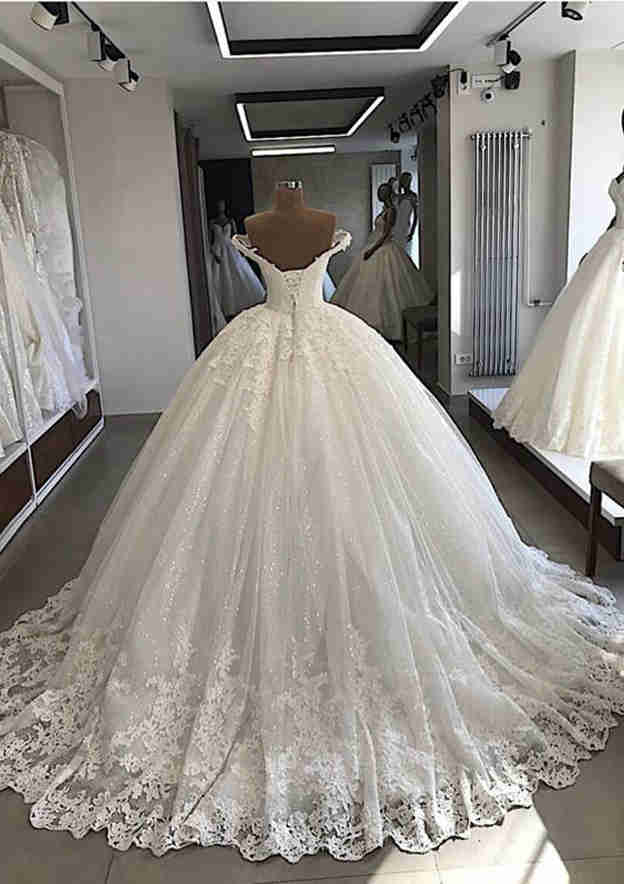 Charming Lace Ball Gown Wedding Dress with Off-the-Shoulder Sleeveless Design and Court Train with Applique BM bride
