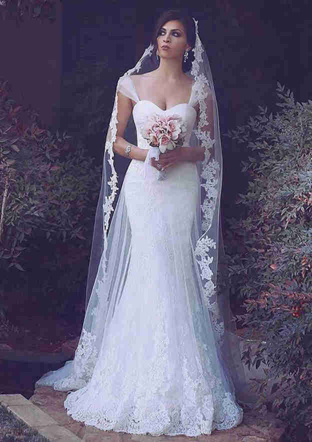 Timeless Lace Trumpet/Mermaid Wedding Dress with Sweep Train and Sleeveless Design, Featuring Applique Details BM bride