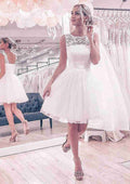 Charming Lace Tulle Ball Gown Wedding Dress with Sleeveless Bateau Neck and Short/Mini Skirt with Sashes BM bride