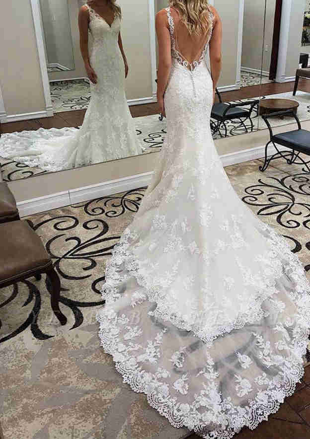 Stunning Lace Trumpet/Mermaid Wedding Dress: V-Neck Sleeveless with Chapel Train and Appliqued Details BM bride