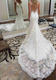 Stunning Lace Trumpet/Mermaid Wedding Dress: V-Neck Sleeveless with Chapel Train and Appliqued Details BM bride