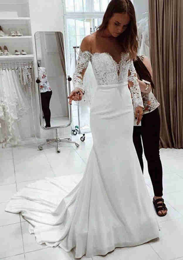 Elegant Chiffon Trumpet/Mermaid Wedding Dress: Off-the-Shoulder with Full Long Sleeves and Court Train Lace BM bride