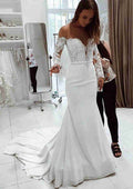 Elegant Chiffon Trumpet/Mermaid Wedding Dress: Off-the-Shoulder with Full Long Sleeves and Court Train Lace BM bride