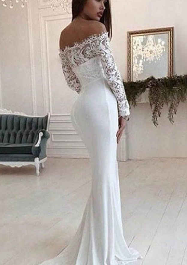 Elegant Chiffon Trumpet/Mermaid Wedding Dress: Off-the-Shoulder with Full Long Sleeves and Court Train Lace BM bride