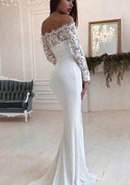 Elegant Chiffon Trumpet/Mermaid Wedding Dress: Off-the-Shoulder with Full Long Sleeves and Court Train Lace BM bride