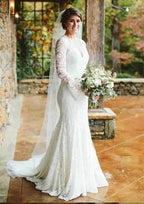 Romantic Sweep Train Trumpet/Mermaid Lace Wedding Dress with Full-Length Sleeves BM bride