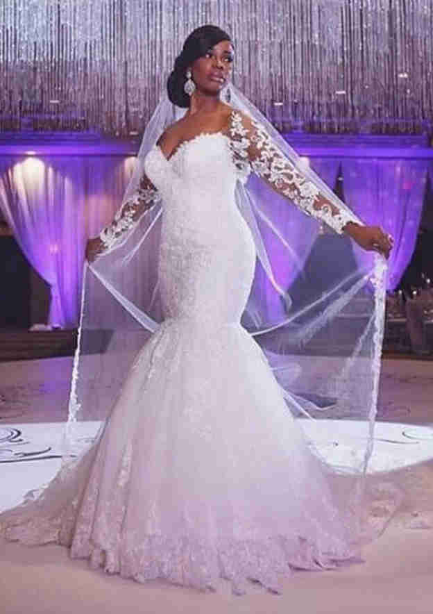 Elegant Lace Trumpet/Mermaid Sweetheart Wedding Dress with Full Sleeves, Sweep Train, and Applique Details BM bride