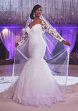 Elegant Lace Trumpet/Mermaid Sweetheart Wedding Dress with Full Sleeves, Sweep Train, and Applique Details BM bride