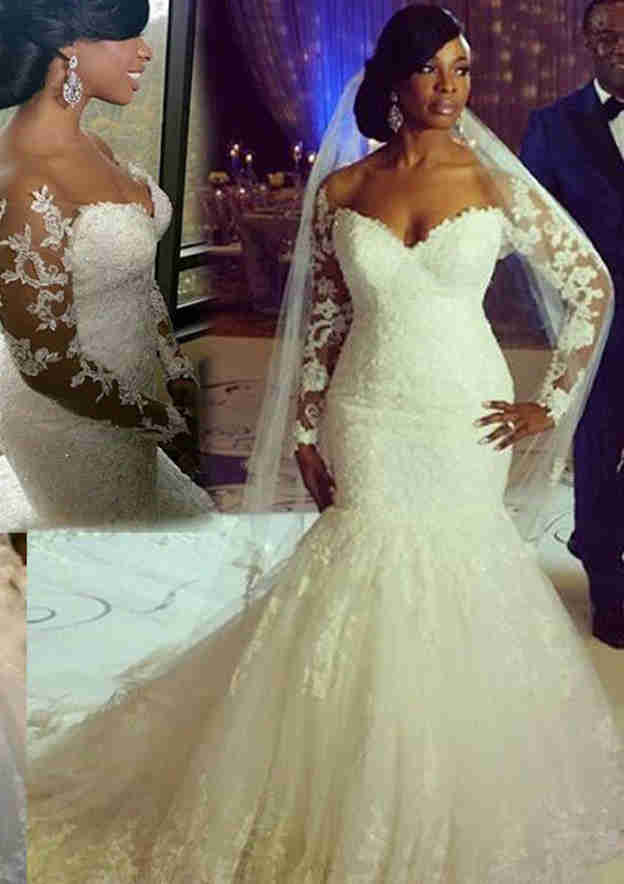 Elegant Lace Trumpet/Mermaid Sweetheart Wedding Dress with Full Sleeves, Sweep Train, and Applique Details BM bride