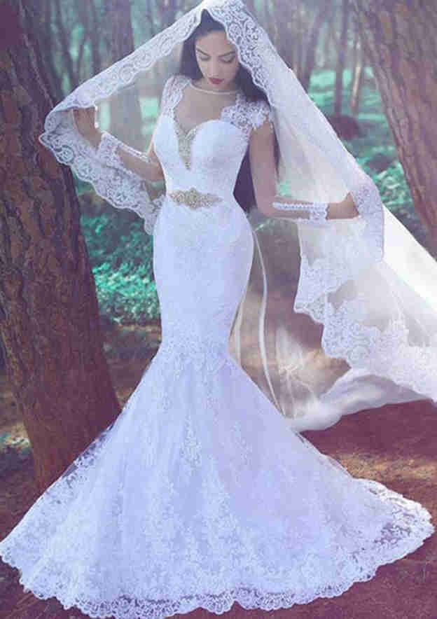 Elegant Lace Trumpet/Mermaid Illusion Neck Full Long Sleeve Wedding Dress with Sweep Train and Sashes BM bride