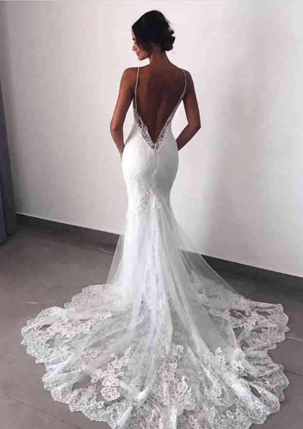 Timeless Lace Trumpet/Mermaid V-Neck Sleeveless Wedding Dress with Chapel Train and Applique Details BM bride