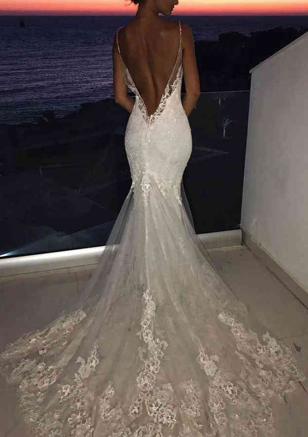 Timeless Lace Trumpet/Mermaid V-Neck Sleeveless Wedding Dress with Chapel Train and Applique Details BM bride