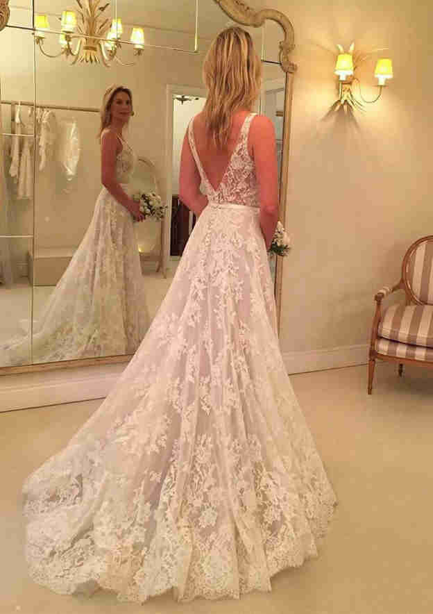 Elegant Lace A-Line/Princess Sleeveless Wedding Dress with Court Train and Applique Details BM bride