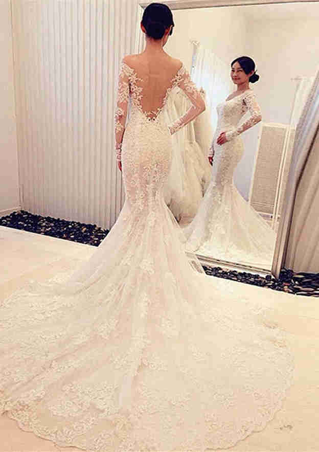 Sophisticated Lace Trumpet/Mermaid Wedding Dress with Off-the-Shoulder Full Sleeves and Chapel Train, Featuring Applique BM bride