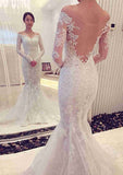 Sophisticated Lace Trumpet/Mermaid Wedding Dress with Off-the-Shoulder Full Sleeves and Chapel Train, Featuring Applique BM bride