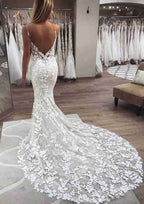 Sophisticated Lace Trumpet/Mermaid Wedding Dress with Sleeveless V-Neck and Chapel Train with Applique BM bride