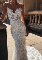 Sophisticated Lace Trumpet/Mermaid Wedding Dress with Sleeveless V-Neck and Chapel Train with Applique BM bride