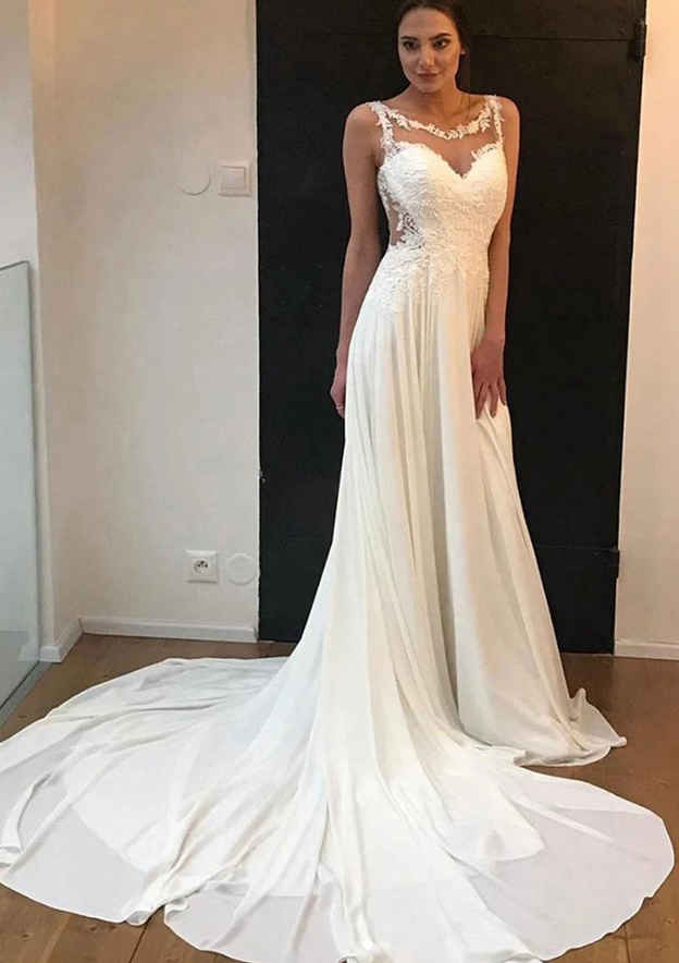 Delicate Chiffon Wedding Dress: A-Line Illusion Neck Sleeveless with Chapel Train and Applique Accents BM bride