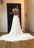 Delicate Chiffon Wedding Dress: A-Line Illusion Neck Sleeveless with Chapel Train and Applique Accents BM bride