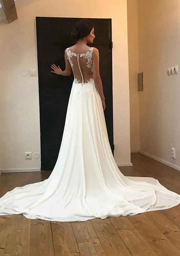 Delicate Chiffon Wedding Dress: A-Line Illusion Neck Sleeveless with Chapel Train and Applique Accents BM bride