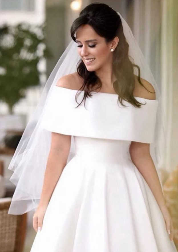 Elegant Satin Wedding Dress A-Line/Princess Off-the-Shoulder Sleeveless Design with Asymmetrical Pleated Details BM bride