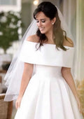 Elegant Satin Wedding Dress A-Line/Princess Off-the-Shoulder Sleeveless Design with Asymmetrical Pleated Details BM bride