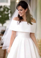 Elegant Satin Wedding Dress A-Line/Princess Off-the-Shoulder Sleeveless Design with Asymmetrical Pleated Details BM bride