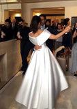 Elegant Satin Wedding Dress A-Line/Princess Off-the-Shoulder Sleeveless Design with Asymmetrical Pleated Details BM bride
