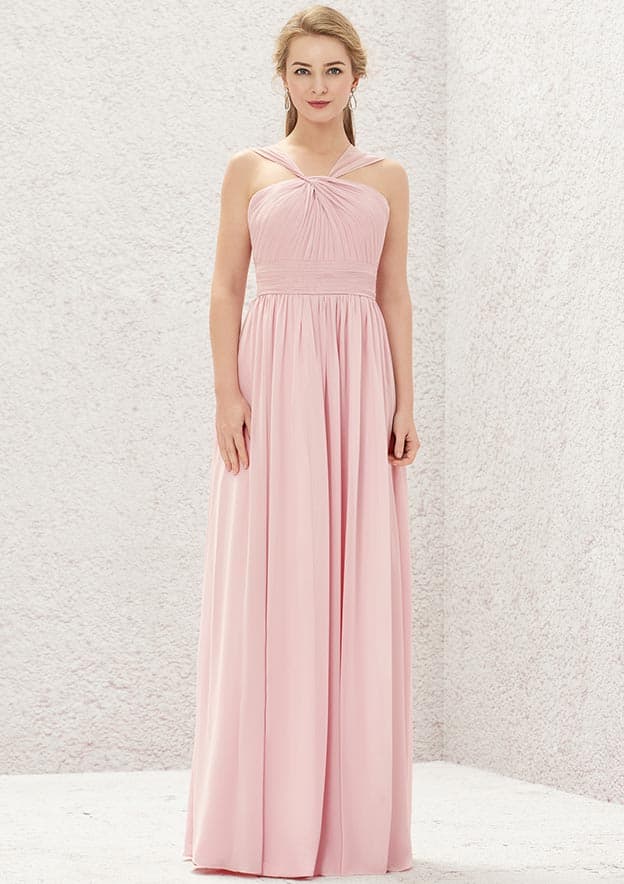 Long/Floor-Length Chiffon Bridesmaid Dress, A-Line Cut, Halter Neck, Sleeveless, With Pleats BM bride
