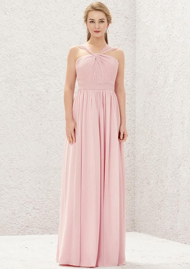 Long/Floor-Length Chiffon Bridesmaid Dress, A-Line Cut, Halter Neck, Sleeveless, With Pleats BM bride