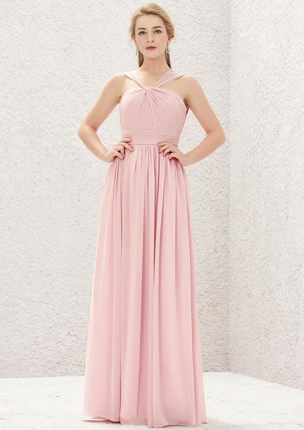 Long/Floor-Length Chiffon Bridesmaid Dress, A-Line Cut, Halter Neck, Sleeveless, With Pleats BM bride
