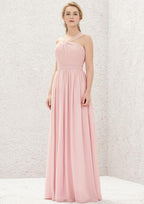 Long/Floor-Length Chiffon Bridesmaid Dress, A-Line Cut, Halter Neck, Sleeveless, With Pleats BM bride