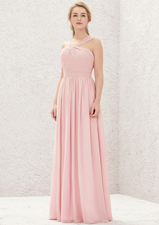 Long/Floor-Length Chiffon Bridesmaid Dress, A-Line Cut, Halter Neck, Sleeveless, With Pleats BM bride