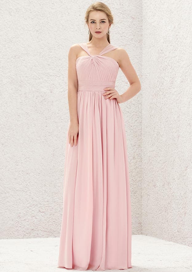 Long/Floor-Length Chiffon Bridesmaid Dress, A-Line Cut, Halter Neck, Sleeveless, With Pleats BM bride