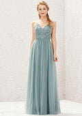 Long/Floor-Length Tulle Bridesmaid Dress, A-Line Cut, V-Neck, Sleeveless, With Pleated Lace BM bride