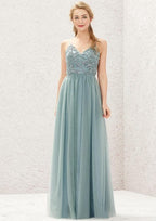 Long/Floor-Length Tulle Bridesmaid Dress, A-Line Cut, V-Neck, Sleeveless, With Pleated Lace BM bride