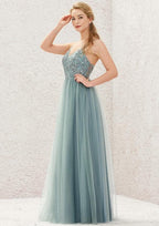 Long/Floor-Length Tulle Bridesmaid Dress, A-Line Cut, V-Neck, Sleeveless, With Pleated Lace BM bride