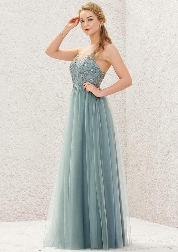 Long/Floor-Length Tulle Bridesmaid Dress, A-Line Cut, V-Neck, Sleeveless, With Pleated Lace BM bride