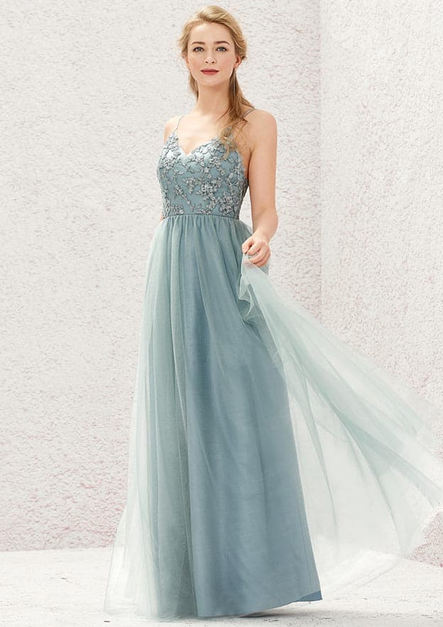Long/Floor-Length Tulle Bridesmaid Dress, A-Line Cut, V-Neck, Sleeveless, With Pleated Lace BM bride