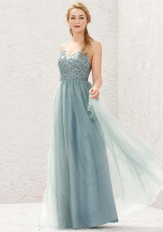 Long/Floor-Length Tulle Bridesmaid Dress, A-Line Cut, V-Neck, Sleeveless, With Pleated Lace BM bride