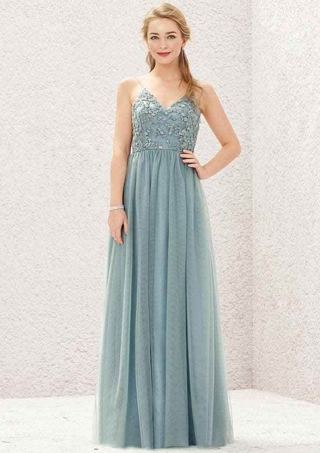 Long/Floor-Length Tulle Bridesmaid Dress, A-Line Cut, V-Neck, Sleeveless, With Pleated Lace BM bride