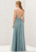 Long/Floor-Length Tulle Bridesmaid Dress, A-Line Cut, V-Neck, Sleeveless, With Pleated Lace BM bride